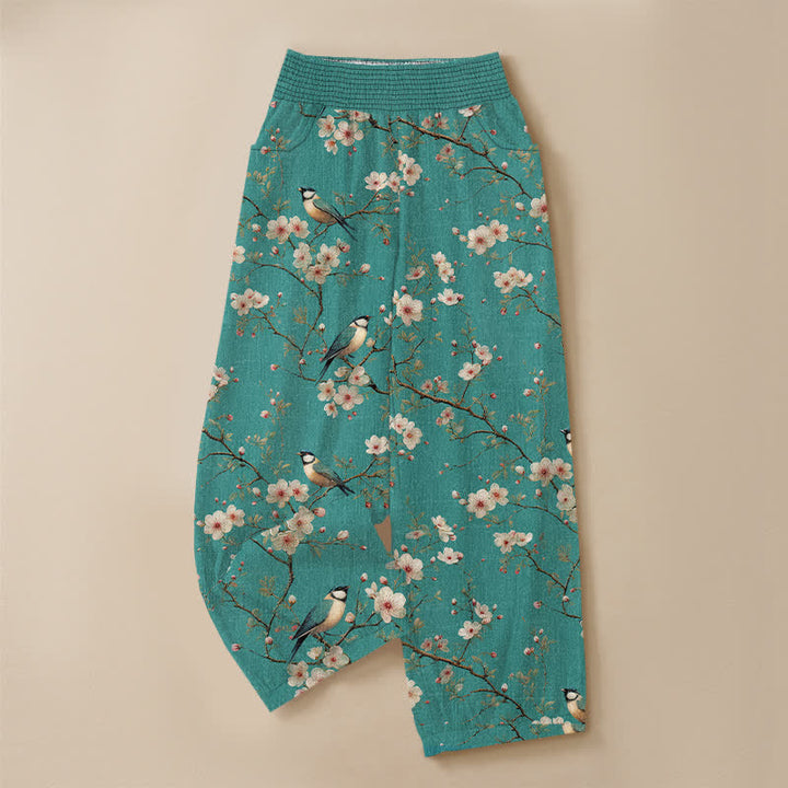 Buddha Stones Pantaloni harem da donna in cotone vintage con stampa floreale e uccellini, plissettati e vita elasticizzata, con tasche. - image 13