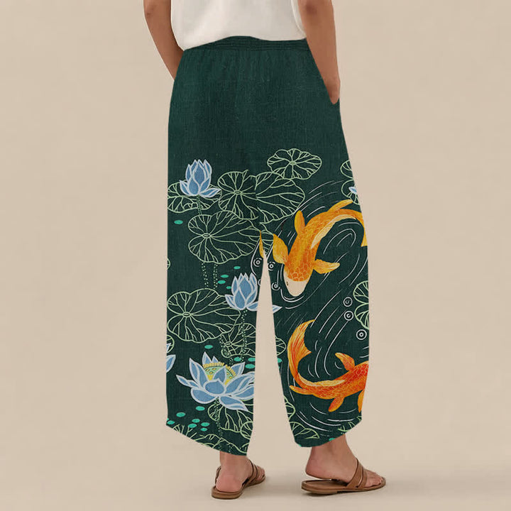 Buddha Stones Pantaloni harem da donna in cotone con stampa acquerello di loto e carpa koi, vita elasticizzata e pieghe, con tasche. - image 2