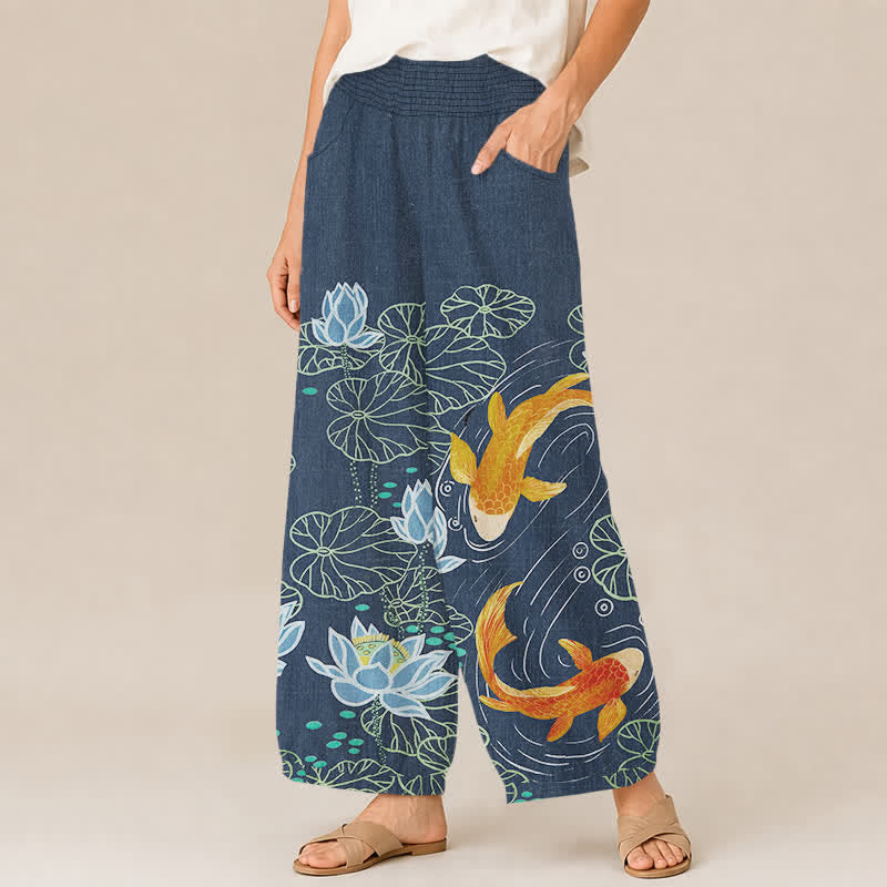 Buddha Stones Pantaloni harem da donna in cotone con stampa acquerello di loto e carpa koi, vita elasticizzata e pieghe, con tasche. - image 7