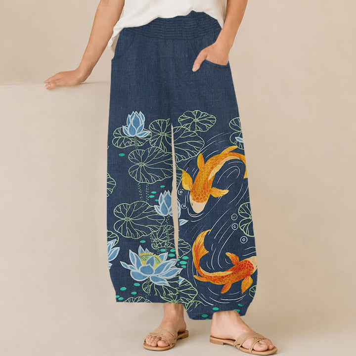 Buddha Stones Pantaloni harem da donna in cotone con stampa acquerello di loto e carpa koi, vita elasticizzata e pieghe, con tasche. - Marina - US16, UK/AU20, EU48 (3XL) - image 6