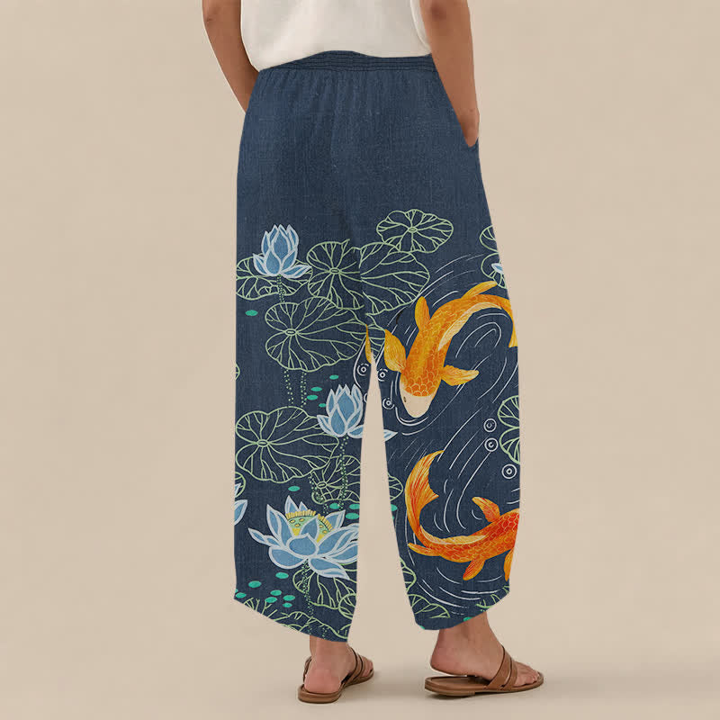 Buddha Stones Pantaloni harem da donna in cotone con stampa acquerello di loto e carpa koi, vita elasticizzata e pieghe, con tasche. - image 8