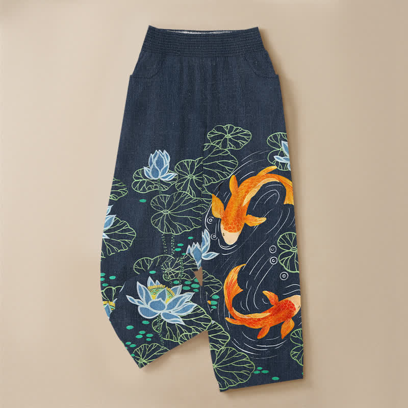 Buddha Stones Pantaloni harem da donna in cotone con stampa acquerello di loto e carpa koi, vita elasticizzata e pieghe, con tasche. - image 9