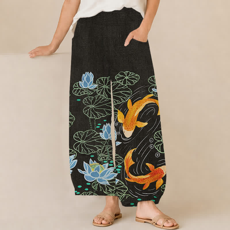 Buddha Stones Pantaloni harem da donna in cotone con stampa acquerello di loto e carpa koi, vita elasticizzata e pieghe, con tasche. - Nero - US16, UK/AU20, EU48 (3XL) - image 10
