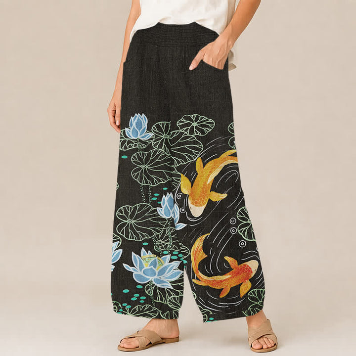 Buddha Stones Pantaloni harem da donna in cotone con stampa acquerello di loto e carpa koi, vita elasticizzata e pieghe, con tasche. - image 11