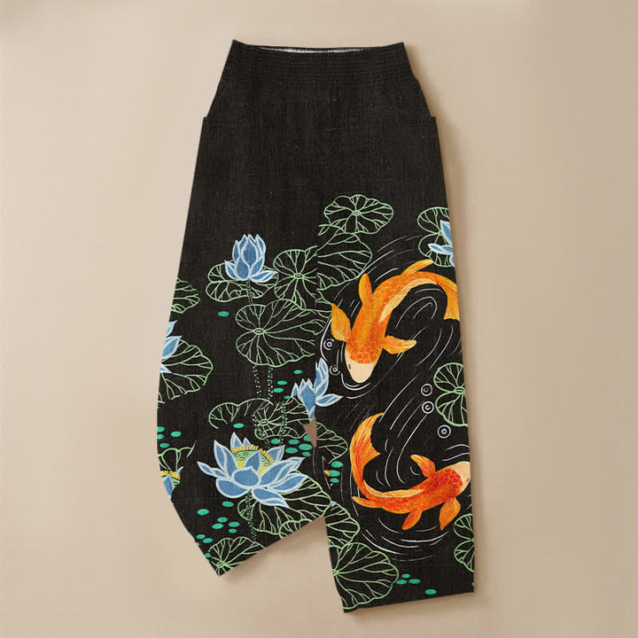 Buddha Stones Pantaloni harem da donna in cotone con stampa acquerello di loto e carpa koi, vita elasticizzata e pieghe, con tasche. - image 13