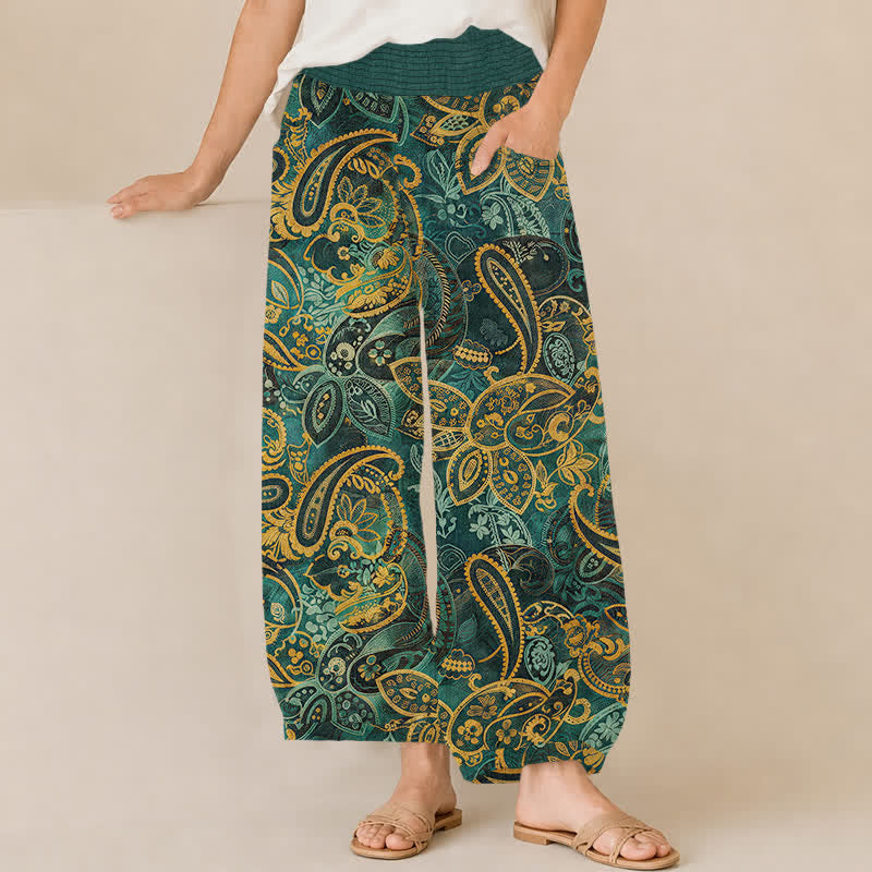 Buddha Stones Pantaloni harem da donna in cotone vintage con motivo floreale paisley, pieghe e vita elasticizzata, con tasche. - Verde acqua - US16, UK/AU20, EU48 (3XL) - image 0