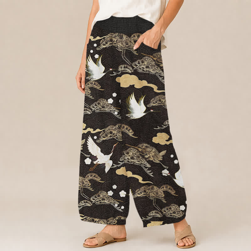 Buddha Stones Pantaloni harem da donna in cotone con motivo gru e nuvole, plissettati e vita elasticizzata, con tasche. - image 1