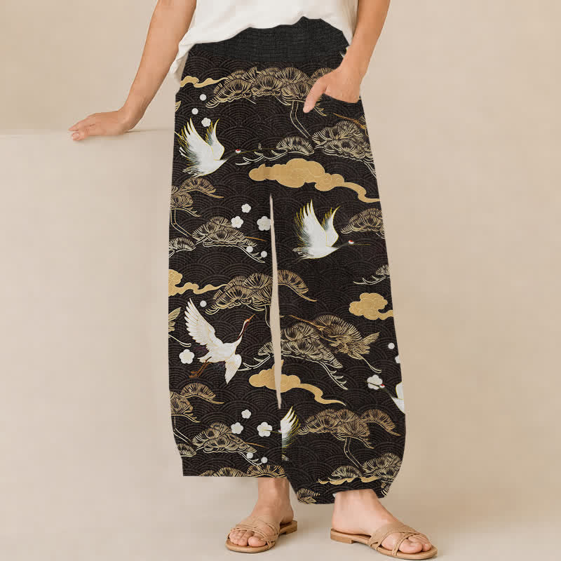 Buddha Stones Pantaloni harem da donna in cotone con motivo gru e nuvole, plissettati e vita elasticizzata, con tasche. - Nero - US16, UK/AU20, EU48 (3XL) - image 0