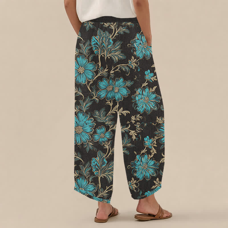 Buddha Stones Pantaloni harem da donna in cotone con motivo botanico Midnight Bloom, pieghe e vita elasticizzata, con tasche. - image 2