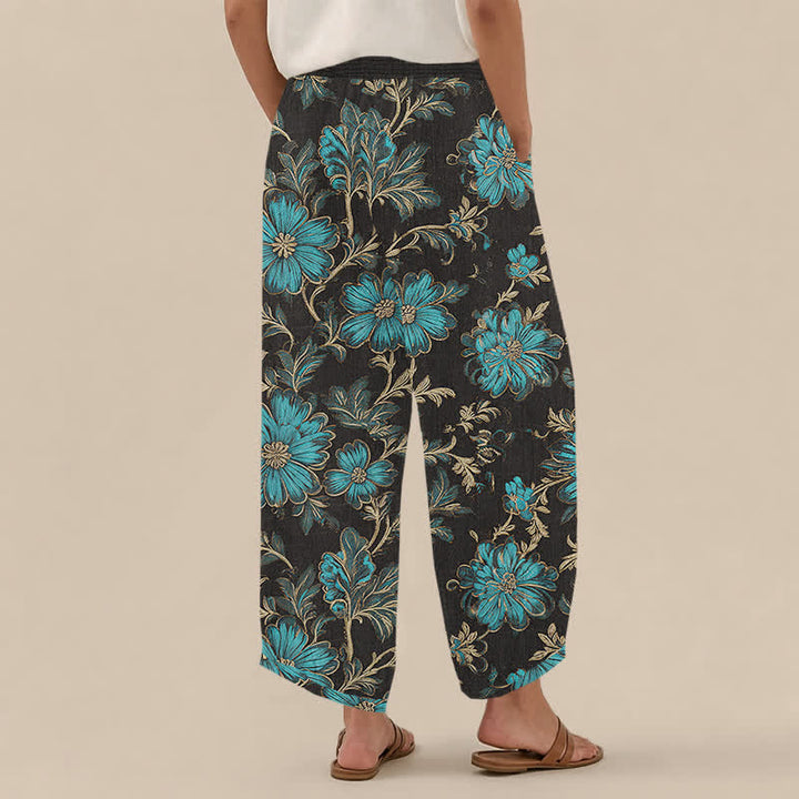 Buddha Stones Pantaloni harem da donna in cotone con motivo botanico Midnight Bloom, pieghe e vita elasticizzata, con tasche. - image 2