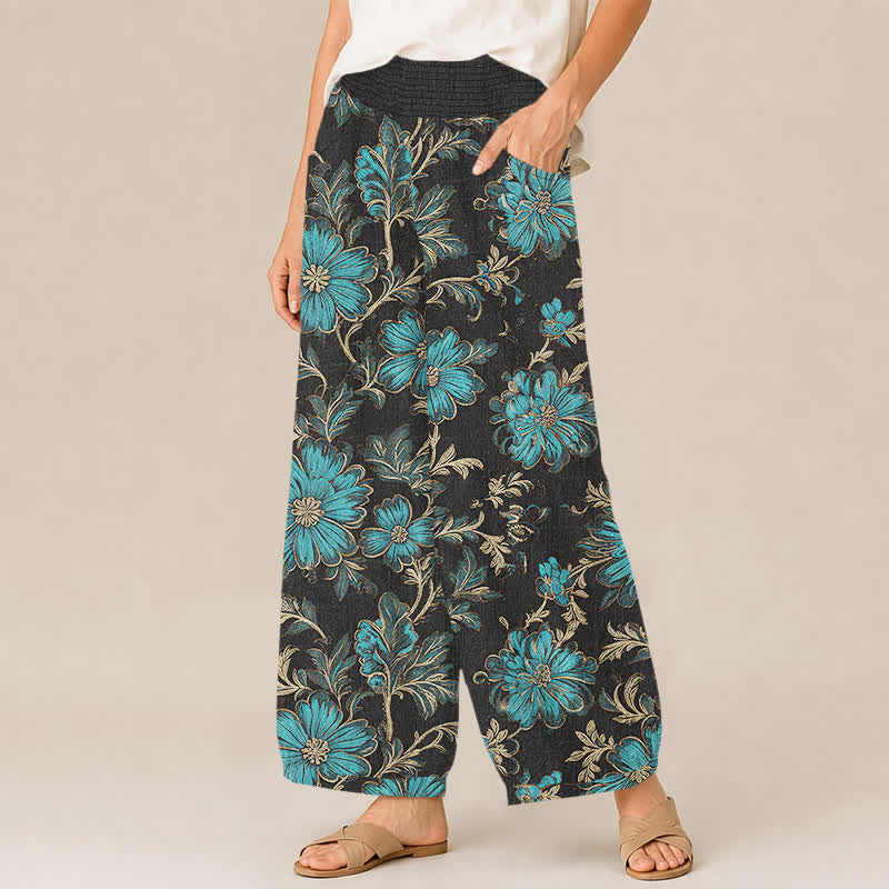 Buddha Stones Pantaloni harem da donna in cotone con motivo botanico Midnight Bloom, pieghe e vita elasticizzata, con tasche. - image 1