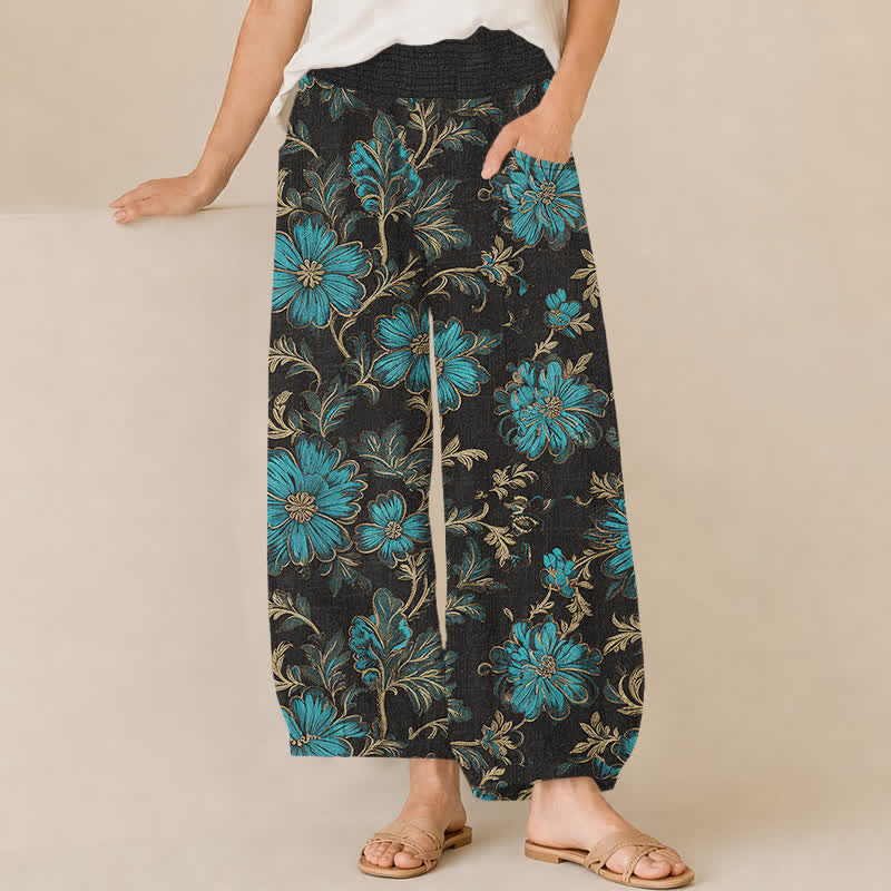 Buddha Stones Pantaloni harem da donna in cotone con motivo botanico Midnight Bloom, pieghe e vita elasticizzata, con tasche. - Nero - US16, UK/AU20, EU48 (3XL) - image 0