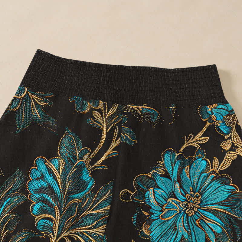 Buddha Stones Pantaloni harem da donna in cotone con motivo botanico Midnight Bloom, pieghe e vita elasticizzata, con tasche. - image 4