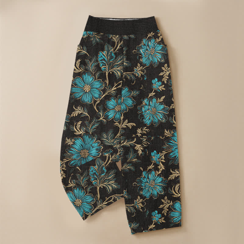 Buddha Stones Pantaloni harem da donna in cotone con motivo botanico Midnight Bloom, pieghe e vita elasticizzata, con tasche. - image 3