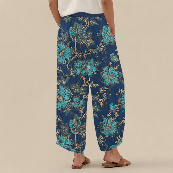 Buddha Stones Pantaloni harem da donna in cotone con motivo botanico Midnight Bloom, pieghe e vita elasticizzata, con tasche. - image 8