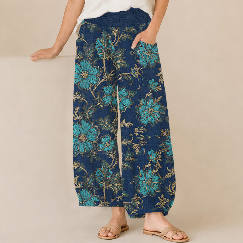 Buddha Stones Pantaloni harem da donna in cotone con motivo botanico Midnight Bloom, pieghe e vita elasticizzata, con tasche. - Marina - US16, UK/AU20, EU48 (3XL) - image 6