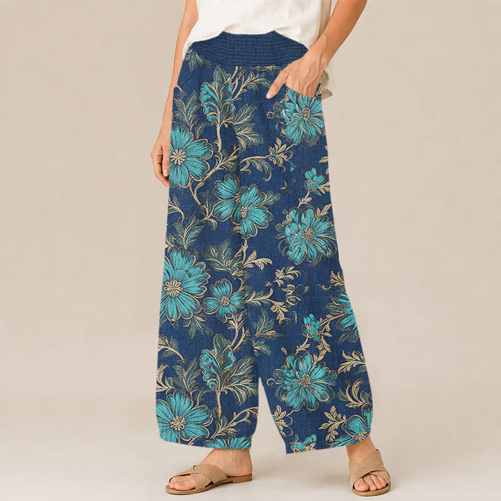 Buddha Stones Pantaloni harem da donna in cotone con motivo botanico Midnight Bloom, pieghe e vita elasticizzata, con tasche. - image 7