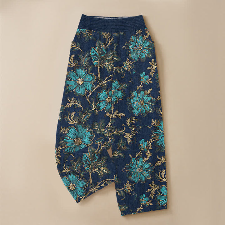 Buddha Stones Pantaloni harem da donna in cotone con motivo botanico Midnight Bloom, pieghe e vita elasticizzata, con tasche. - image 9