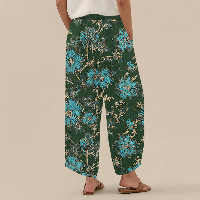 Buddha Stones Pantaloni harem da donna in cotone con motivo botanico Midnight Bloom, pieghe e vita elasticizzata, con tasche. - image 12