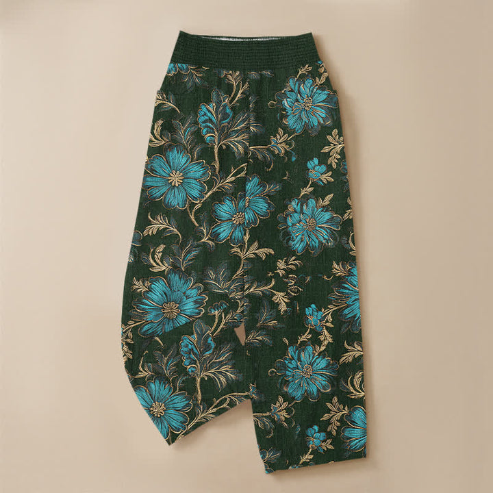 Buddha Stones Pantaloni harem da donna in cotone con motivo botanico Midnight Bloom, pieghe e vita elasticizzata, con tasche. - image 13
