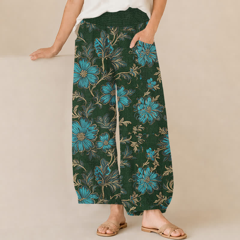 Buddha Stones Pantaloni harem da donna in cotone con motivo botanico Midnight Bloom, pieghe e vita elasticizzata, con tasche. - Verde scuro - US16, UK/AU20, EU48 (3XL) - image 10