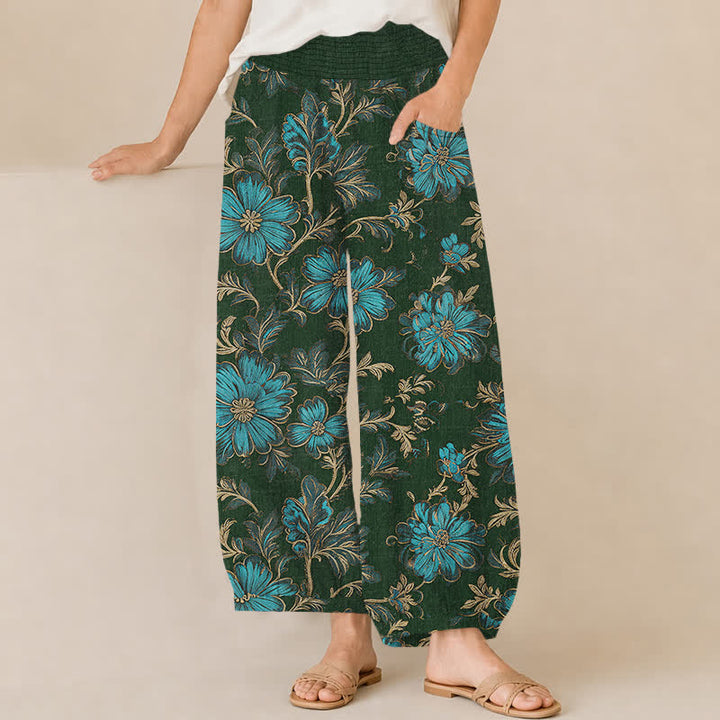 Buddha Stones Pantaloni harem da donna in cotone con motivo botanico Midnight Bloom, pieghe e vita elasticizzata, con tasche. - Verde scuro - US16, UK/AU20, EU48 (3XL) - image 10