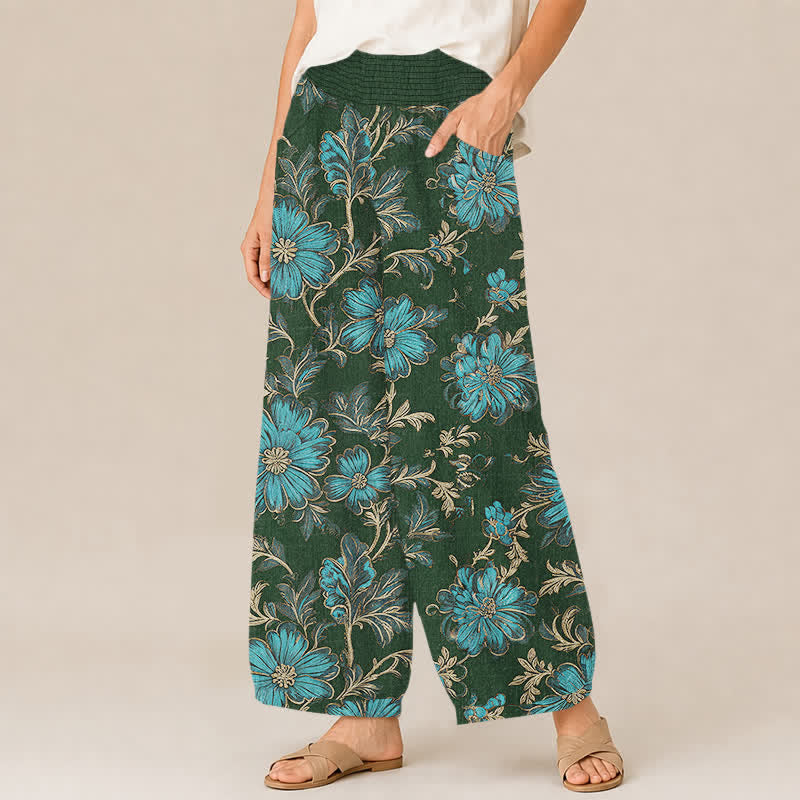 Buddha Stones Pantaloni harem da donna in cotone con motivo botanico Midnight Bloom, pieghe e vita elasticizzata, con tasche. - image 11