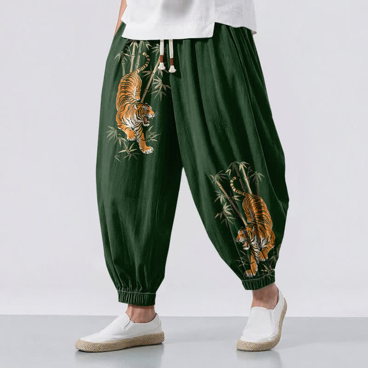 Buddha Stones Pantaloni harem da uomo in puro cotone con coulisse e tasche, fantasia tigre e bambù. - Verde scuro - US/UK/AU50, EU60 (5XL) - image 6