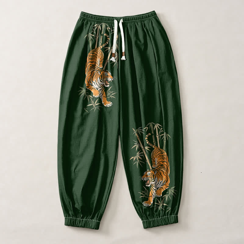 Buddha Stones Pantaloni harem da uomo in puro cotone con coulisse e tasche, fantasia tigre e bambù. - image 7