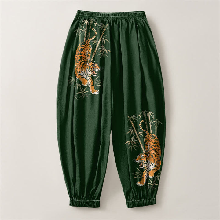 Buddha Stones Pantaloni harem da uomo in puro cotone con coulisse e tasche, fantasia tigre e bambù. - image 8