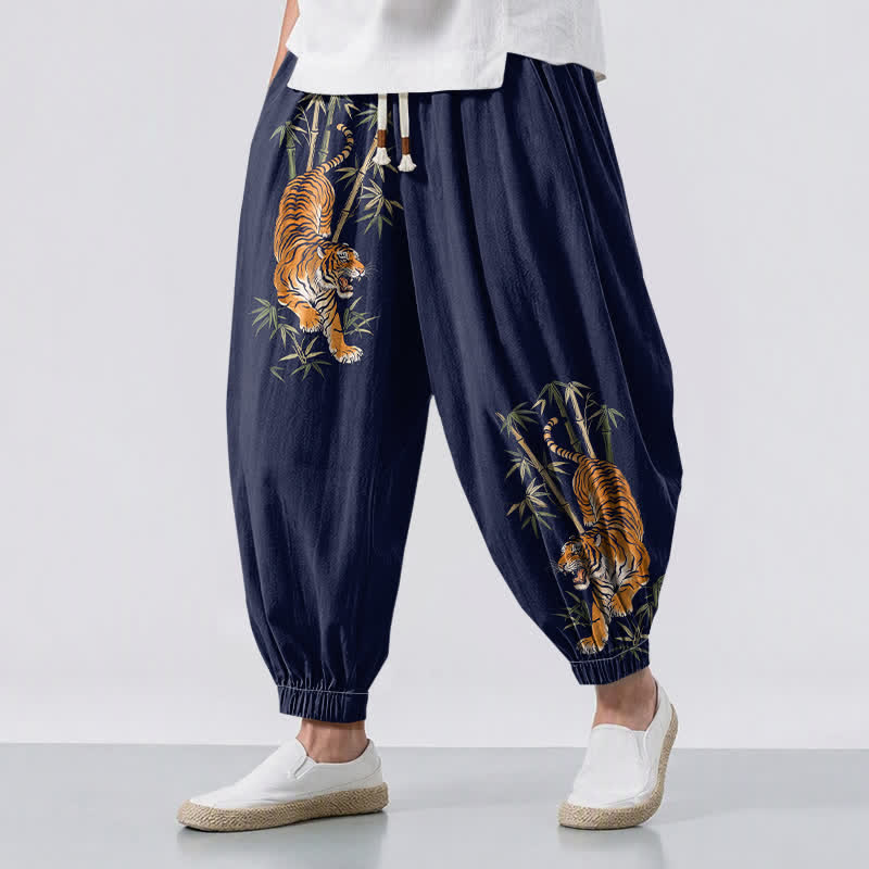 Buddha Stones Pantaloni harem da uomo in puro cotone con coulisse e tasche, fantasia tigre e bambù. - Marina - US/UK/AU50, EU60 (5XL) - image 12