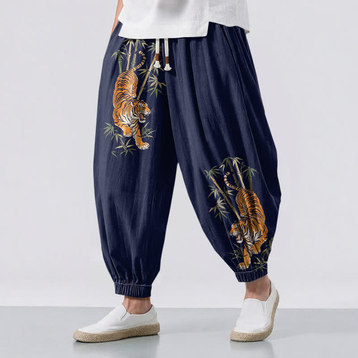 Buddha Stones Pantaloni harem da uomo in puro cotone con coulisse e tasche, fantasia tigre e bambù. - Marina - US/UK/AU50, EU60 (5XL) - image 12
