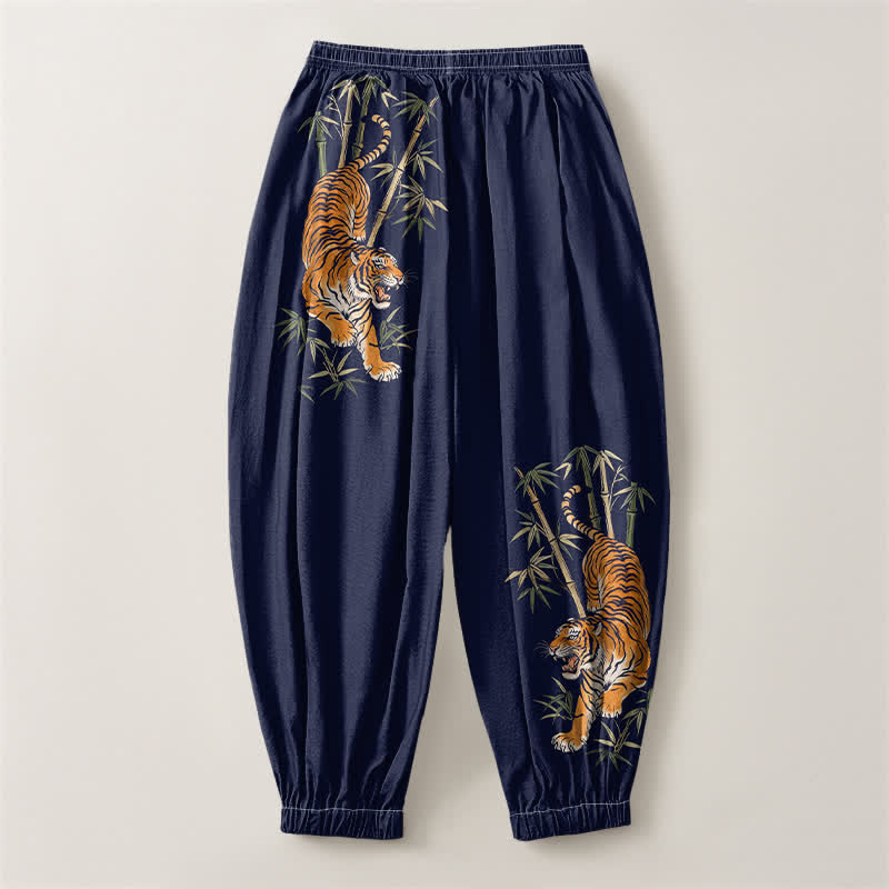 Buddha Stones Pantaloni harem da uomo in puro cotone con coulisse e tasche, fantasia tigre e bambù. - image 14