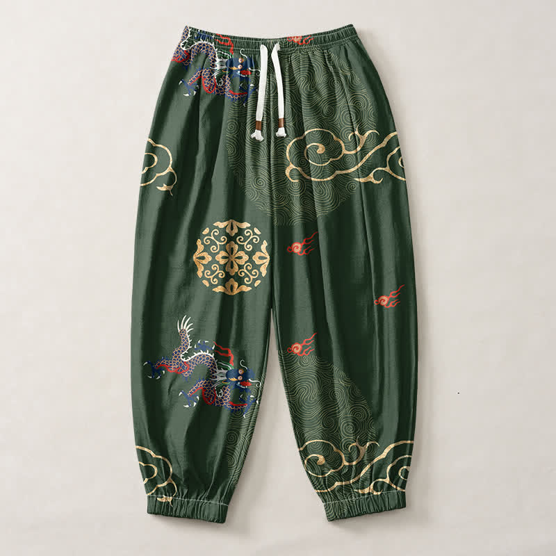 Buddha Stones Pantaloni harem da uomo in puro cotone con coulisse e tasche, motivo a medaglione con drago e nuvola dorata. - image 1