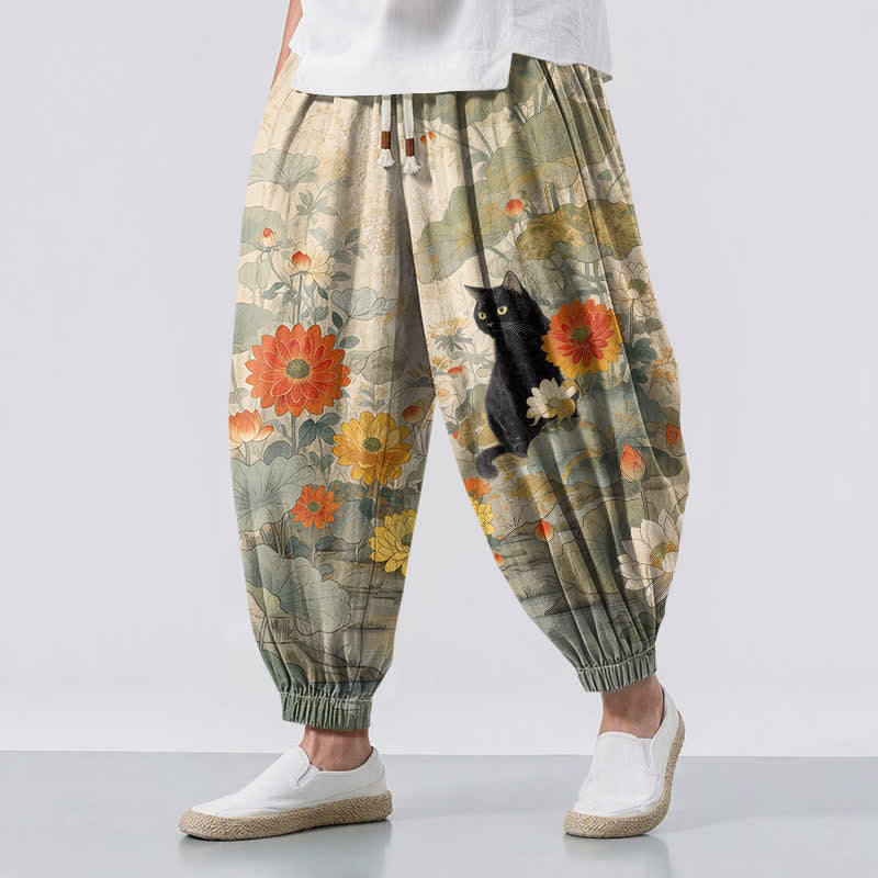 Buddha Stones Pantaloni harem da uomo in puro cotone, stile vintage, con motivo floreale, loto e gatto, con coulisse e tasche. - Beige - US/UK/AU50, EU60 (5XL) - image 0