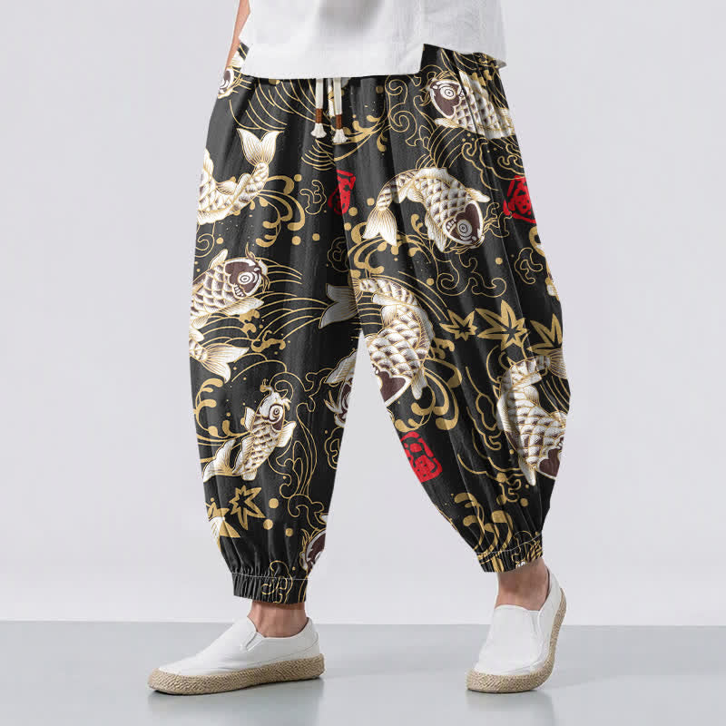 Buddha Stones Pantaloni harem da uomo in puro cotone con coulisse e tasche, fantasia a onde marine e pesci koi. - Nero - US/UK/AU50, EU60 (5XL) - image 0