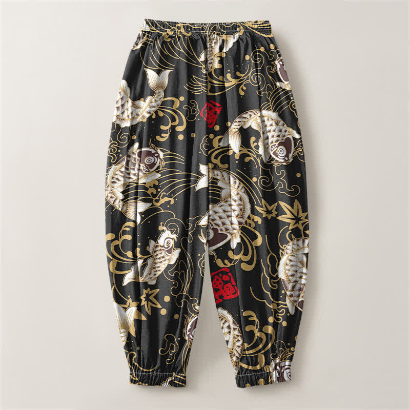 Buddha Stones Pantaloni harem da uomo in puro cotone con coulisse e tasche, fantasia a onde marine e pesci koi. - image 2