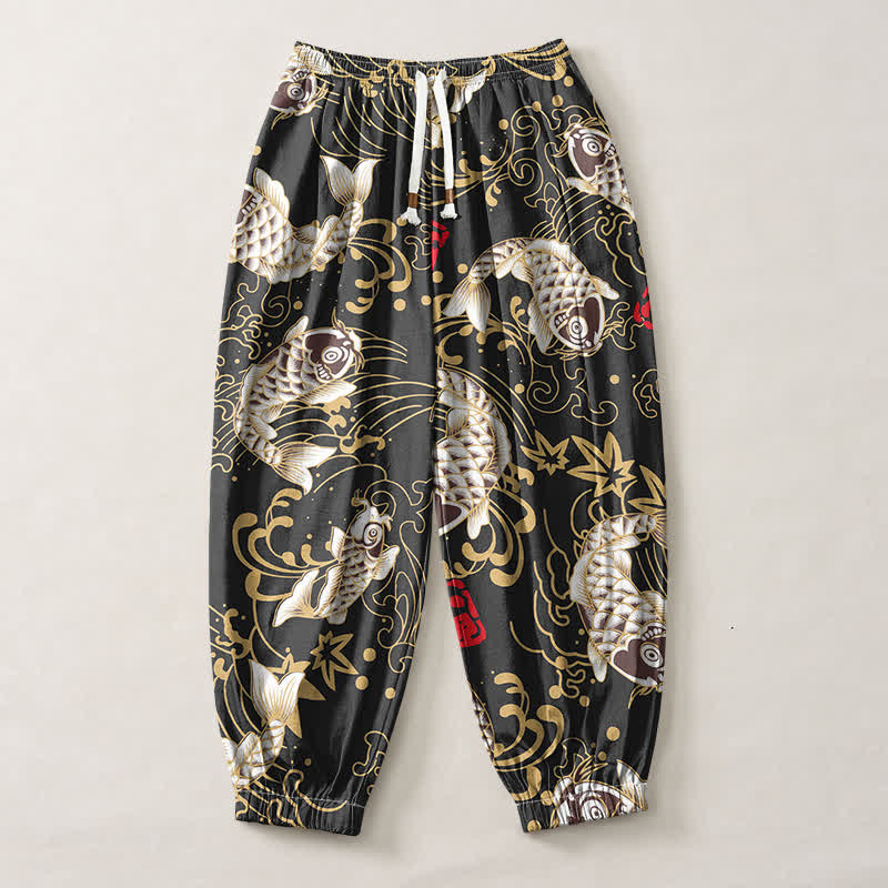 Buddha Stones Pantaloni harem da uomo in puro cotone con coulisse e tasche, fantasia a onde marine e pesci koi. - image 1