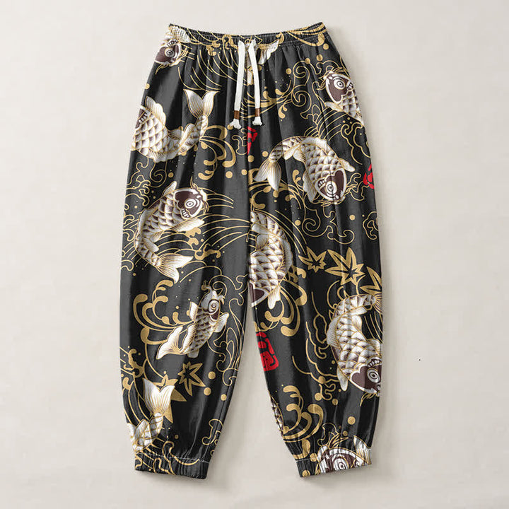 Buddha Stones Pantaloni harem da uomo in puro cotone con coulisse e tasche, fantasia a onde marine e pesci koi. - image 1