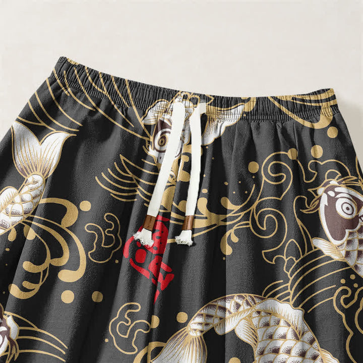 Buddha Stones Pantaloni harem da uomo in puro cotone con coulisse e tasche, fantasia a onde marine e pesci koi. - image 3