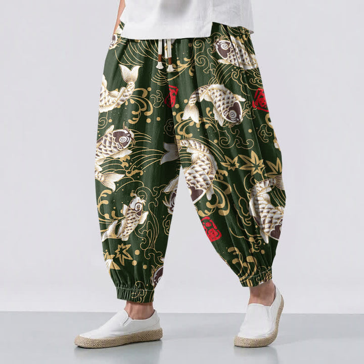 Buddha Stones Pantaloni harem da uomo in puro cotone con coulisse e tasche, fantasia a onde marine e pesci koi. - Verde studentesco - US/UK/AU50, EU60 (5XL) - image 12