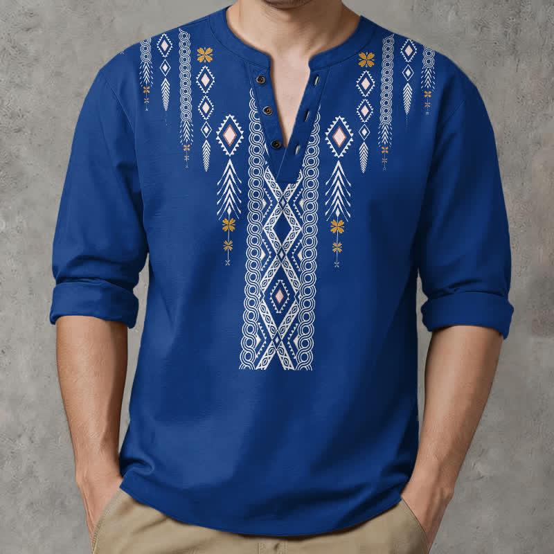 Buddha Stones Camicia da uomo a maniche lunghe con scollo a V e bottoni, in cotone, con motivo geometrico tribale a rombi. - image 1