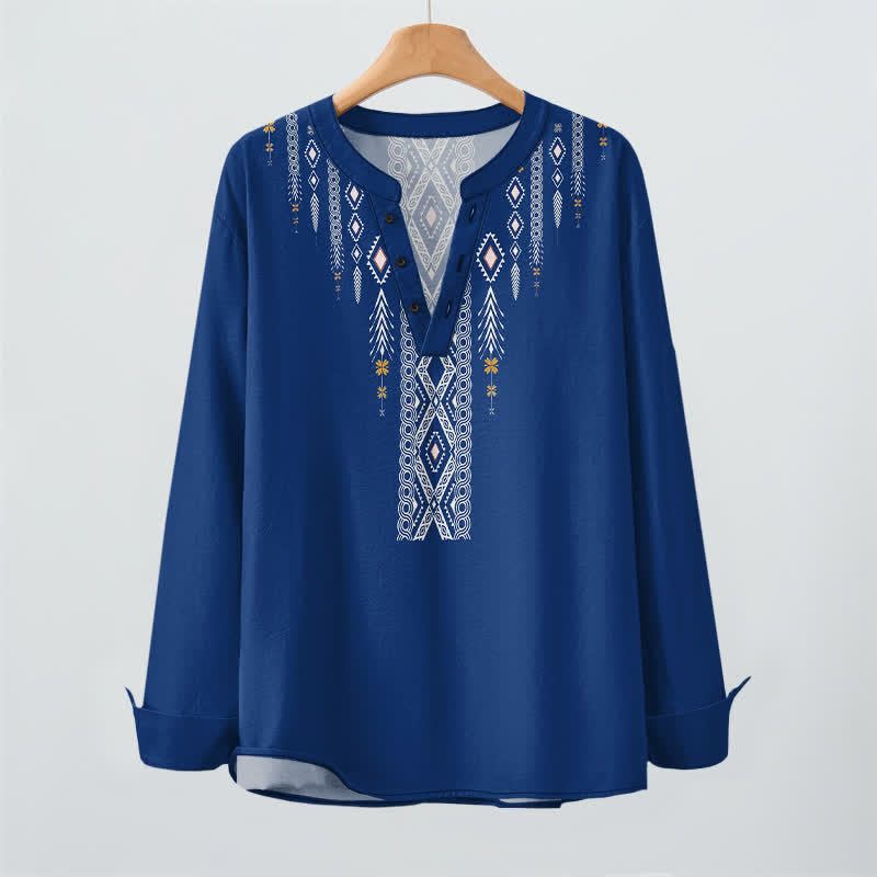 Buddha Stones Camicia da uomo a maniche lunghe con scollo a V e bottoni, in cotone, con motivo geometrico tribale a rombi. - image 2