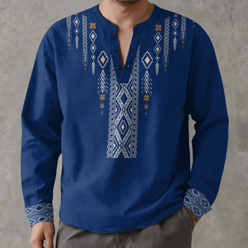 Buddha Stones Camicia da uomo a maniche lunghe con scollo a V e bottoni, in cotone, con motivo geometrico tribale a rombi. - Blu reale - US/UK/AU48, EU58 (4XL) - image 0