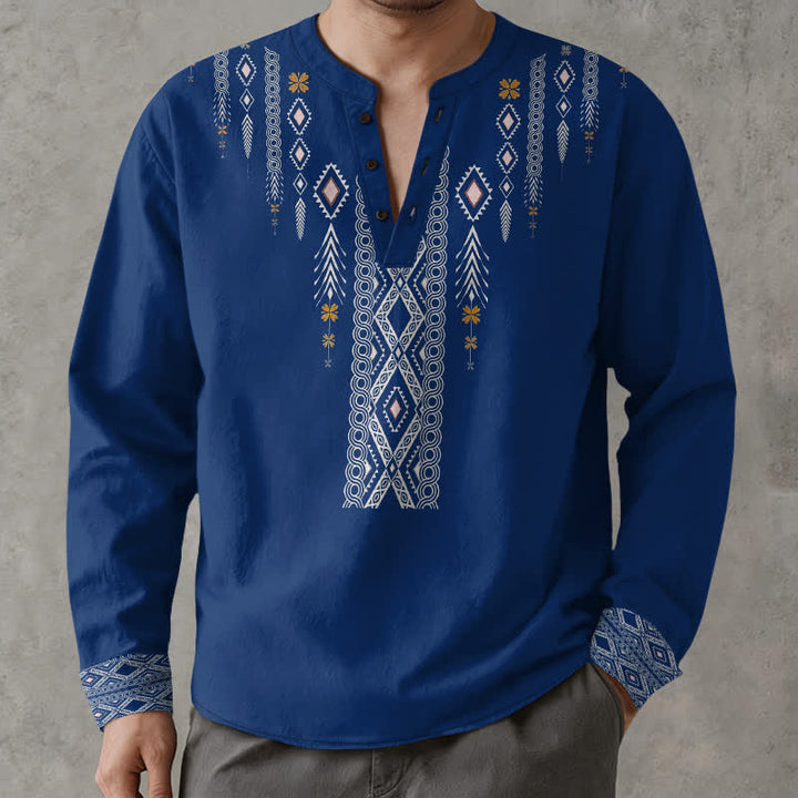 Buddha Stones Camicia da uomo a maniche lunghe con scollo a V e bottoni, in cotone, con motivo geometrico tribale a rombi. - Blu reale - US/UK/AU48, EU58 (4XL) - image 0