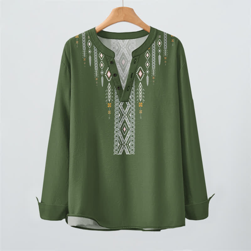 Buddha Stones Camicia da uomo a maniche lunghe con scollo a V e bottoni, in cotone, con motivo geometrico tribale a rombi. - image 9