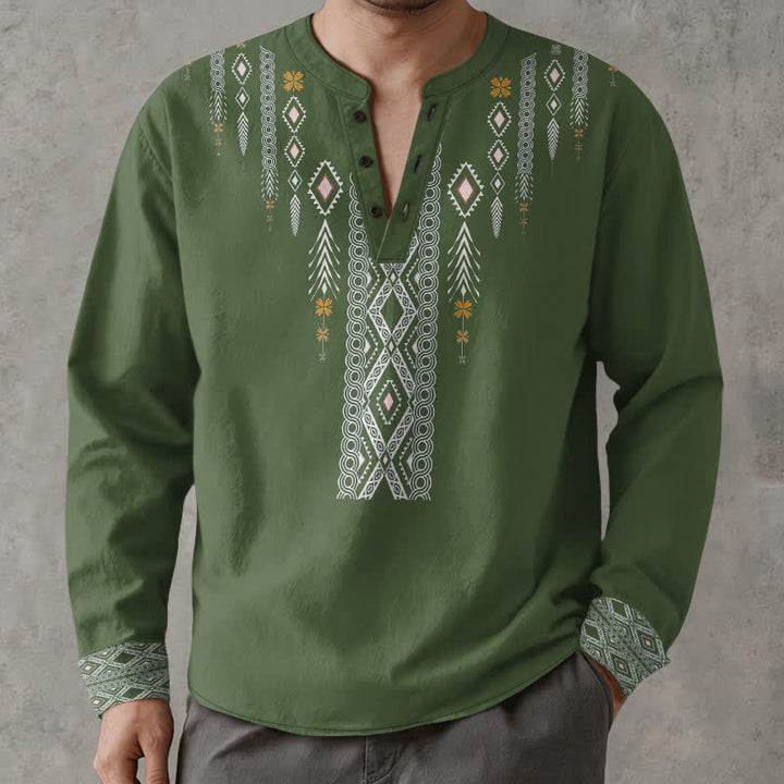 Buddha Stones Camicia da uomo a maniche lunghe con scollo a V e bottoni, in cotone, con motivo geometrico tribale a rombi. - Verde oliva - US/UK/AU48, EU58 (4XL) - image 7
