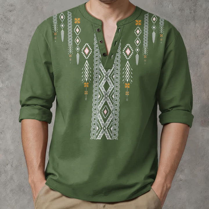 Buddha Stones Camicia da uomo a maniche lunghe con scollo a V e bottoni, in cotone, con motivo geometrico tribale a rombi. - image 8