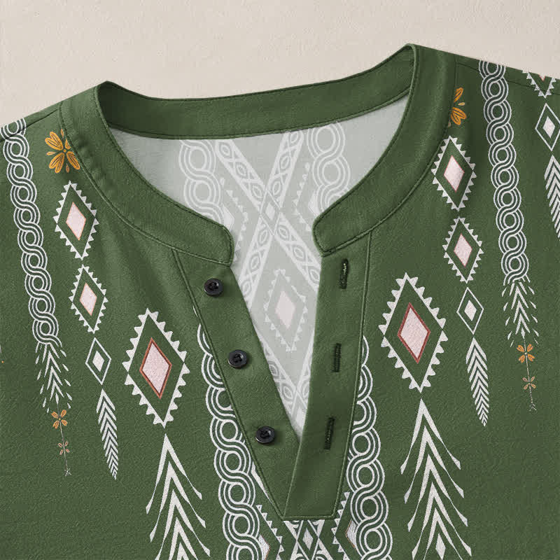 Buddha Stones Camicia da uomo a maniche lunghe con scollo a V e bottoni, in cotone, con motivo geometrico tribale a rombi. - image 11