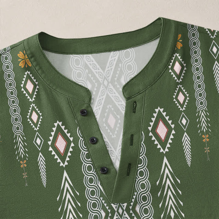 Buddha Stones Camicia da uomo a maniche lunghe con scollo a V e bottoni, in cotone, con motivo geometrico tribale a rombi. - image 11